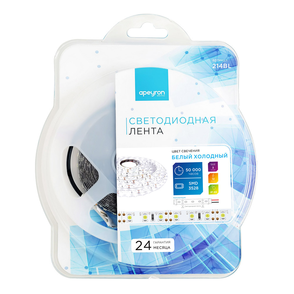 original-13652.jpg Лента светодиодная SMD 3528 6500К 12 В 9,6 Вт/м 3 м IP20 Apeyron (214BL) — изображение 1