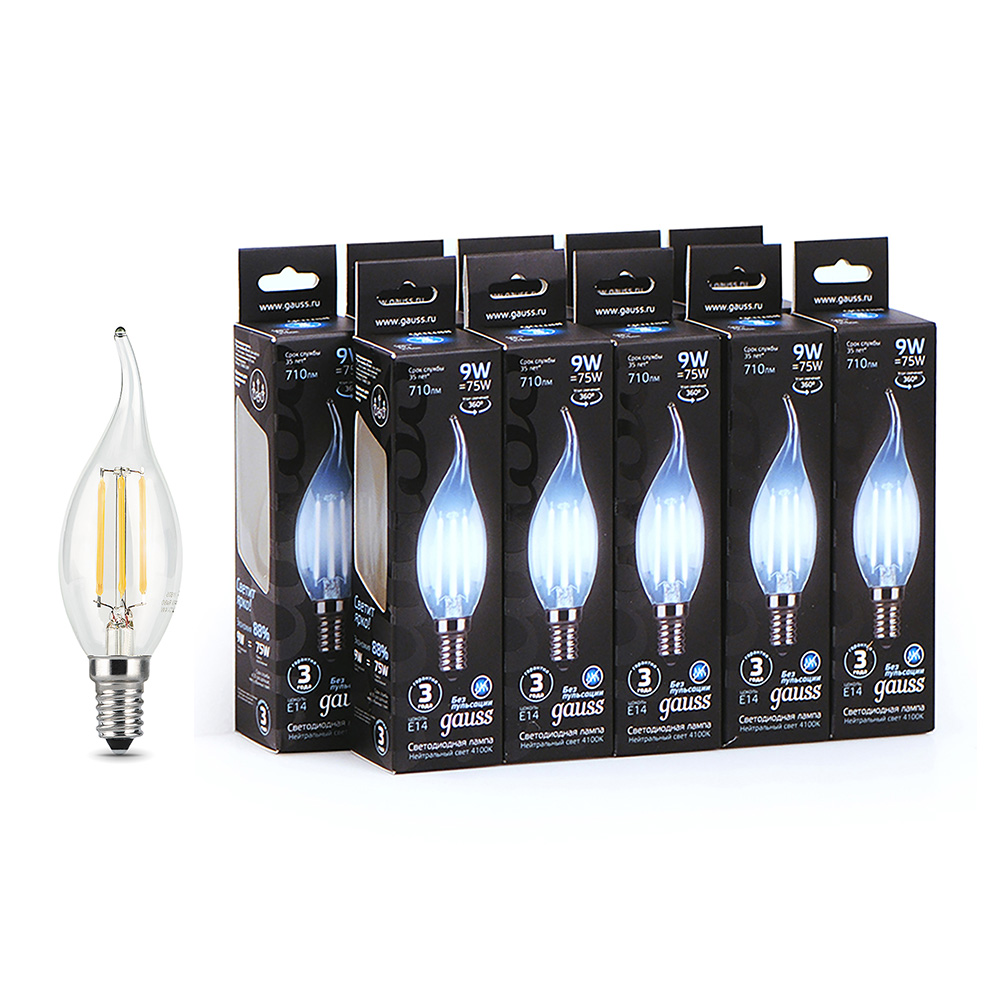 original-32675.jpg Лампа светодиодная филаментная Gauss E14 4100К 9 Вт 710 Лм 150-265 В свеча на ветру прозрачная (10 шт.) — изображение 1