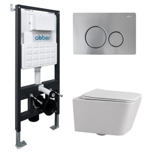 Комплект инсталляции Abber с унитазом Rechteck с кнопкой хром и сиденьем микролифт (AC1201-AC0105-AC0121MCH)
