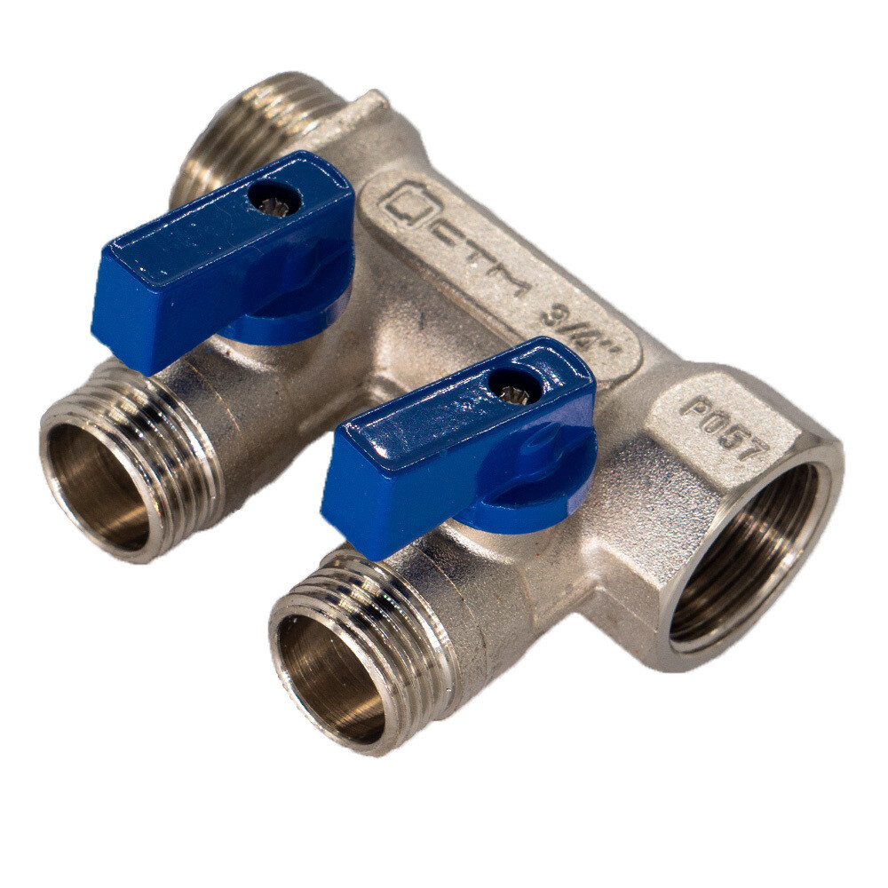 original-8304.jpg Коллектор СТМ 3/4 ВР(г) х 2 выхода 1/2 НР(ш) х 3/4 НР(ш) с шаровыми кранами (C2MB3412) — изображение 1