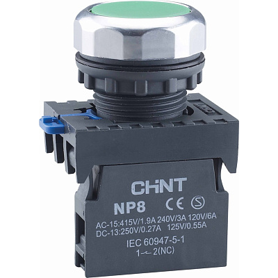 original-8314.jpg Кнопка плоская Chint NP8 220 В IP65 без подсветки зеленая (667232) — изображение 1